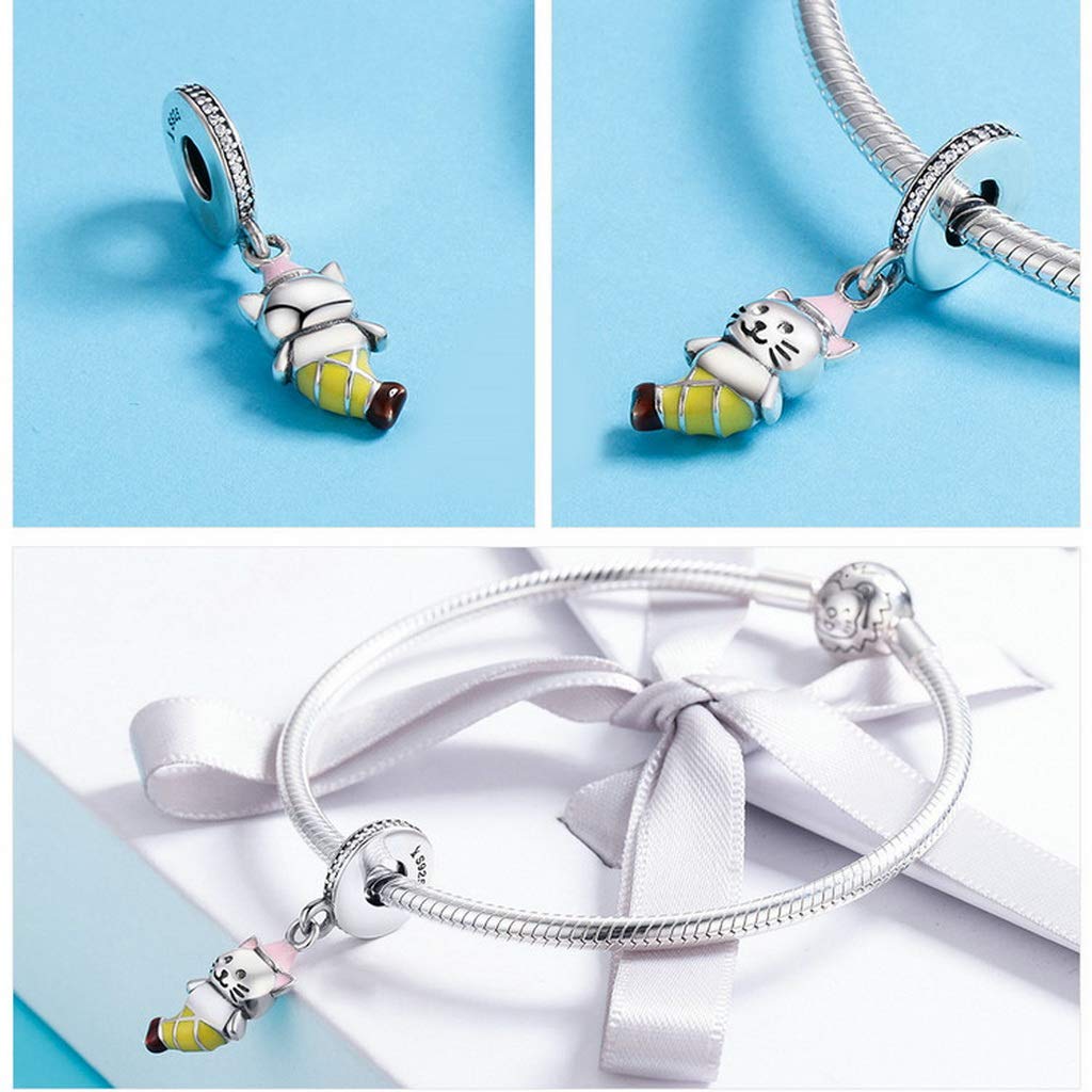 PAHALA 925 Strling Silver Enamel Cute Tailed Cat Dangle Charms