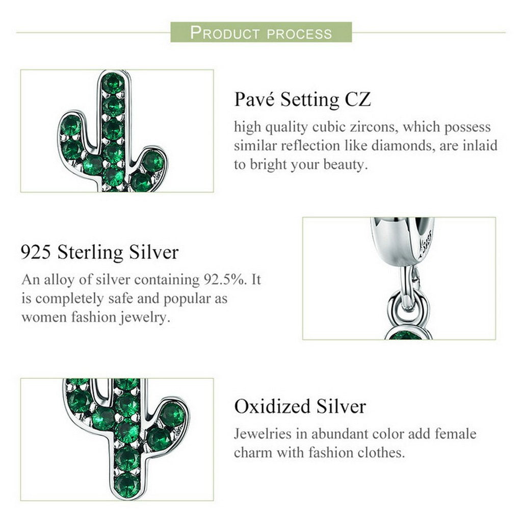 PAHALA 925 Sterling Silver Cactus Glittering Green Pendant Charm Bead