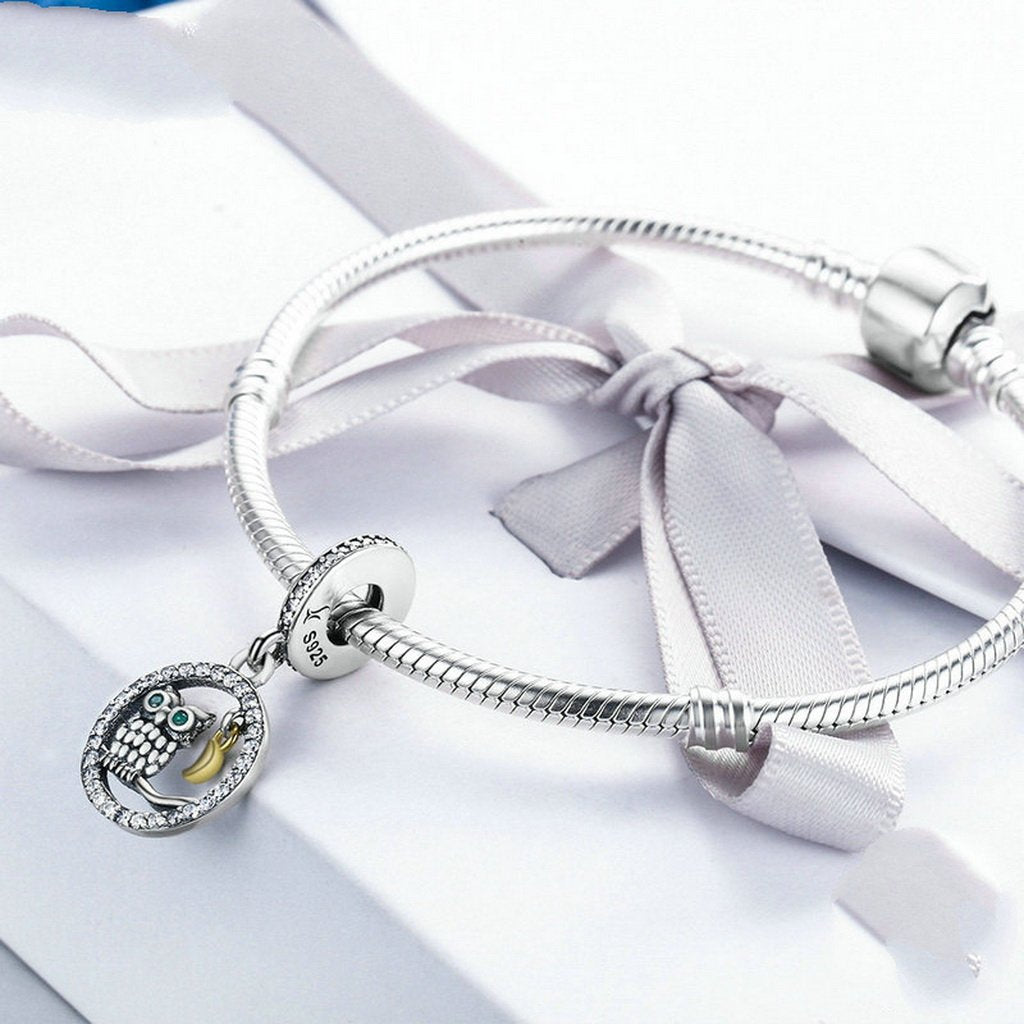 PAHALA 925 Sterling Silver Bird Story Moon with Crystals Charms Fit Bracelets Necklace