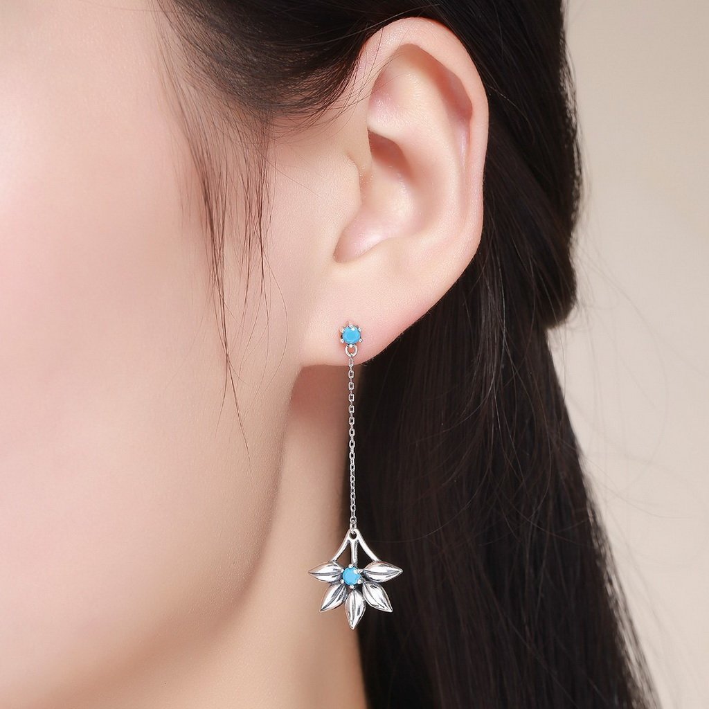 PAHALA 925 Sterling Silver Vintage Flower Blue Crystals Long Tassel Earrings