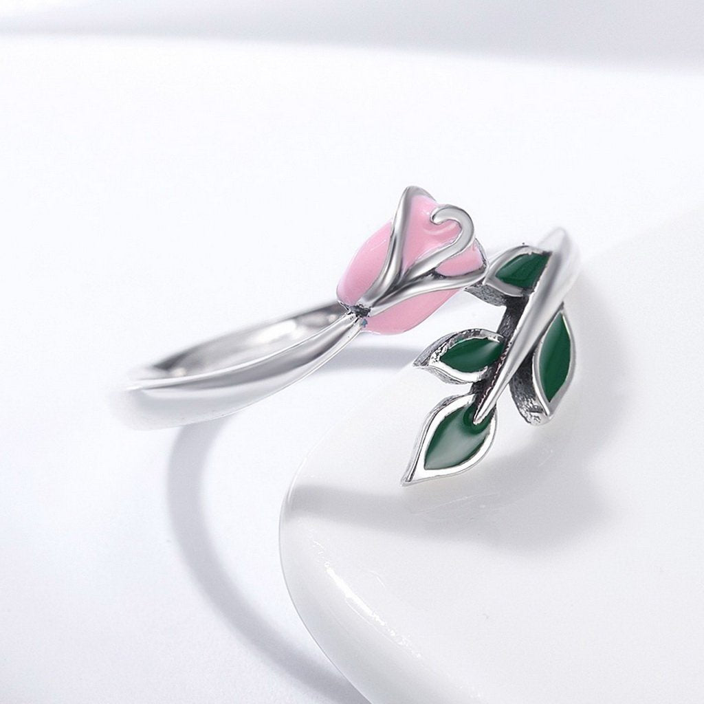 PAHALA 925 Strling Silver Rose Flower Enamel Pink Weeding Party Band Ring