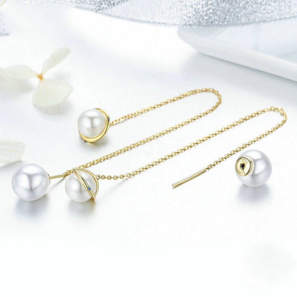 PAHALA 925 Sterling Silver Planet Freshwater Pearl With Crystals Party Wedding Long Drop Earrings