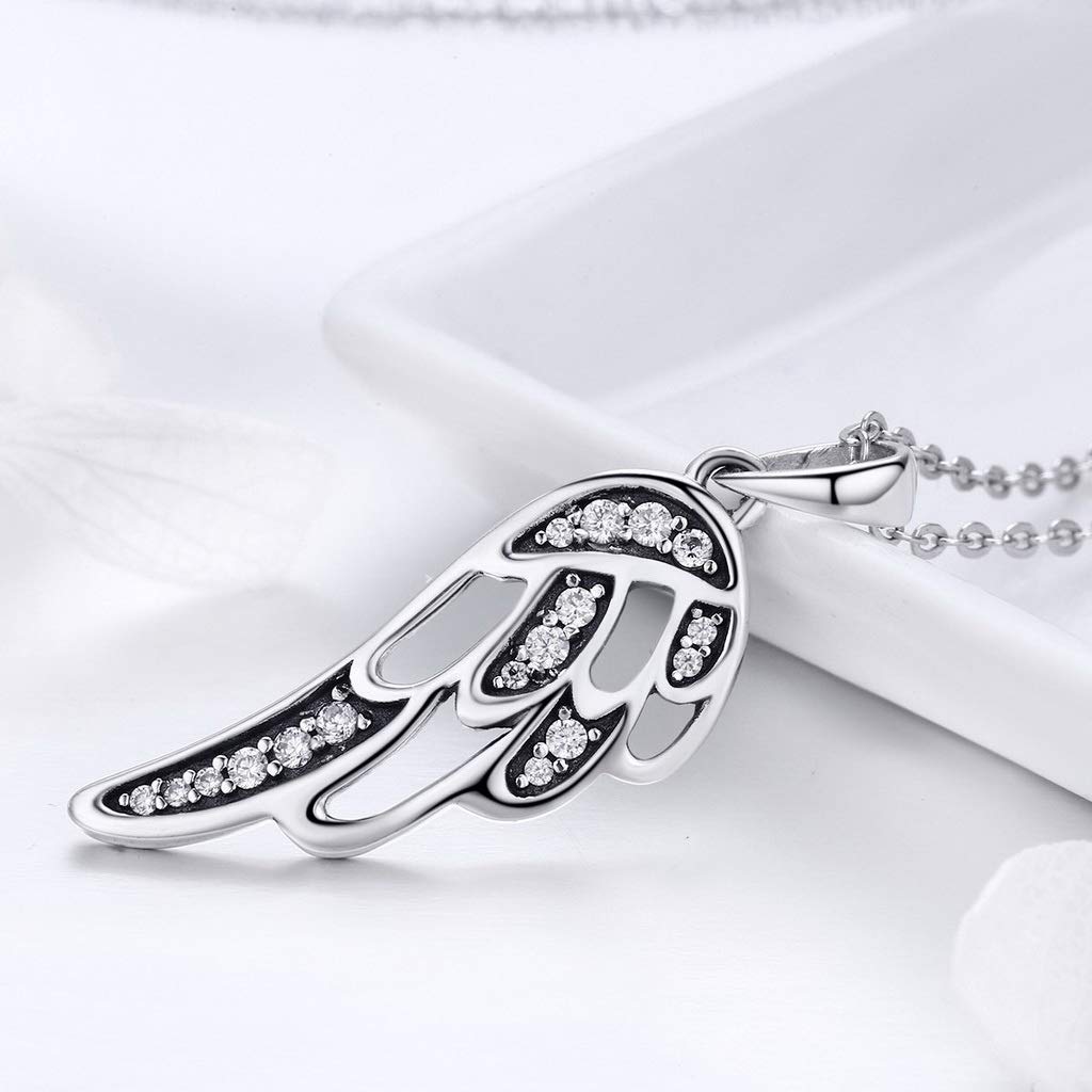 PAHALA 925 Sterling Silver Fairy Wings Feather Crystals Pendant Necklace