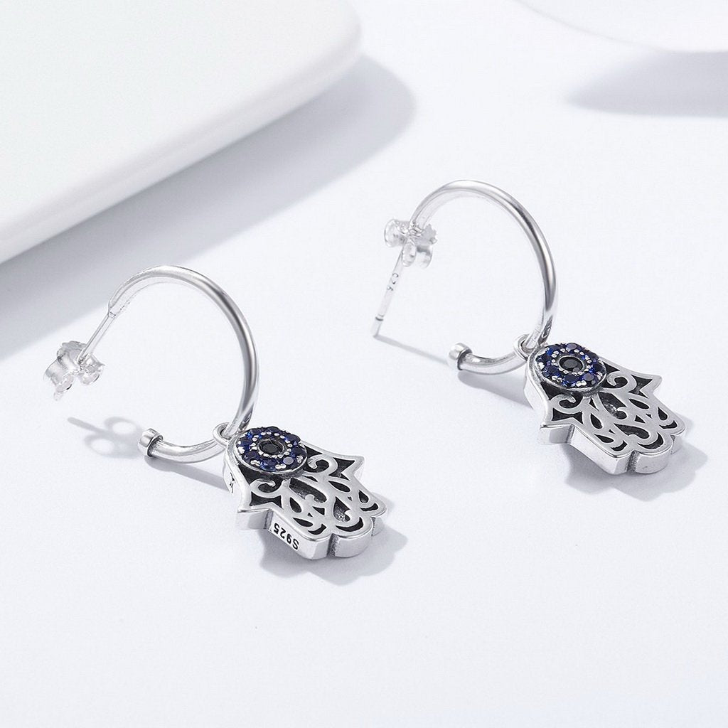 PAHALA 925 Sterling Silver Fantasy Hamsa Hand Blue With Crystals Stud Earrings