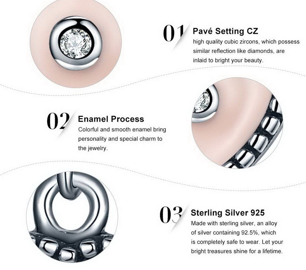 PAHALA 925 Strling Silver Pink Ture Love with Crystal Charms Fit Bracelets Necklace