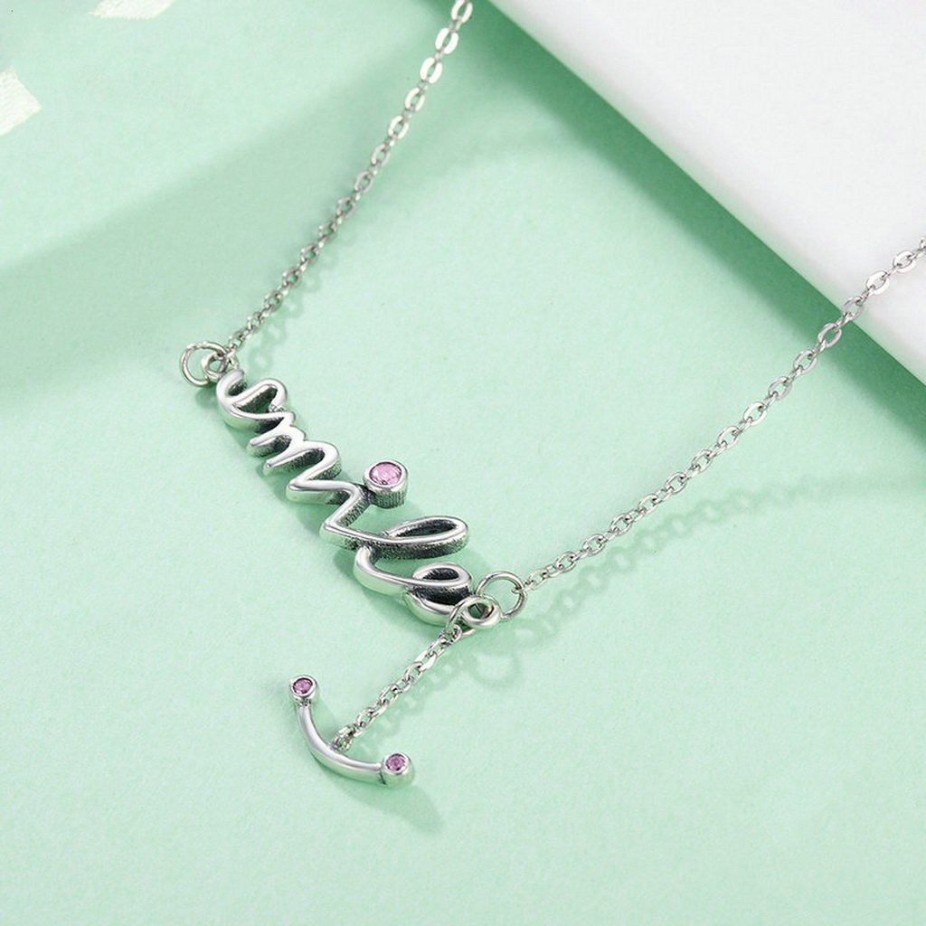 PAHALA 925 Sterling Silver Smile with Pink Crystals Pendant Necklace