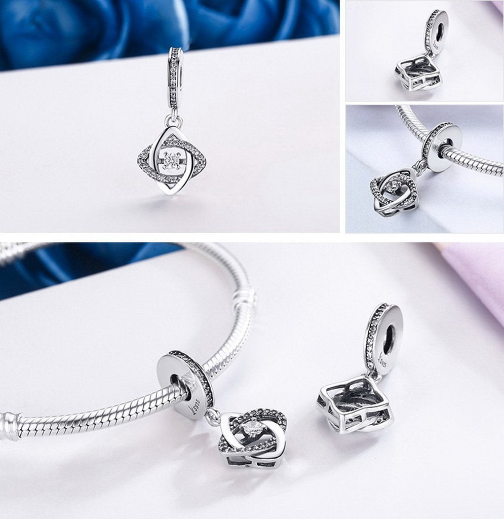 PAHALA 925 Sterling Silver Heart Geometric with Crystals Charms Beads