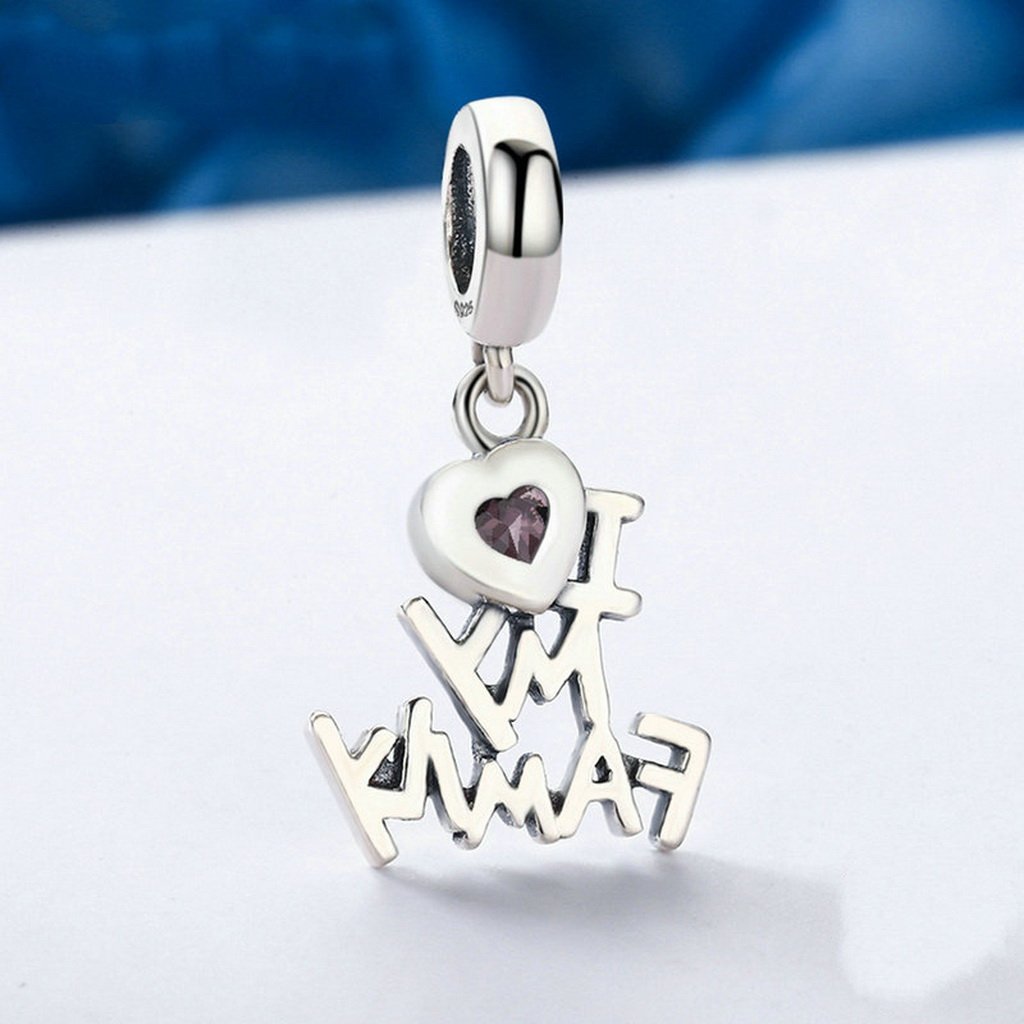 PAHALA 925 Sterling Silver I Love My Family with Pink Crystal Charms Fit Bracelets Necklace