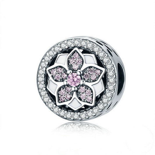 PAHALA 925 Strling Silver Bloom Round with Pink Crystals Charms Fit Bracelets Necklace