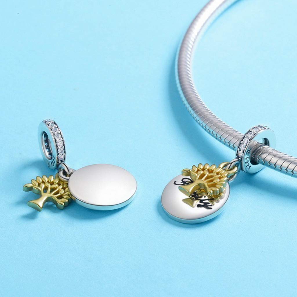 PAHALA 925 Strling Silver Family Tree Gold Color Charm Bead