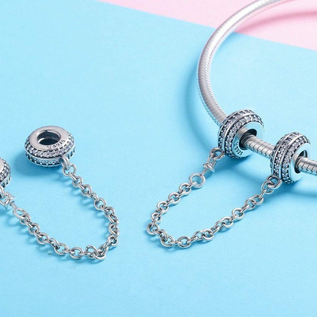 PAHALA 925 Sterling Silver Round Chain with Crystals Safety Chain Charm