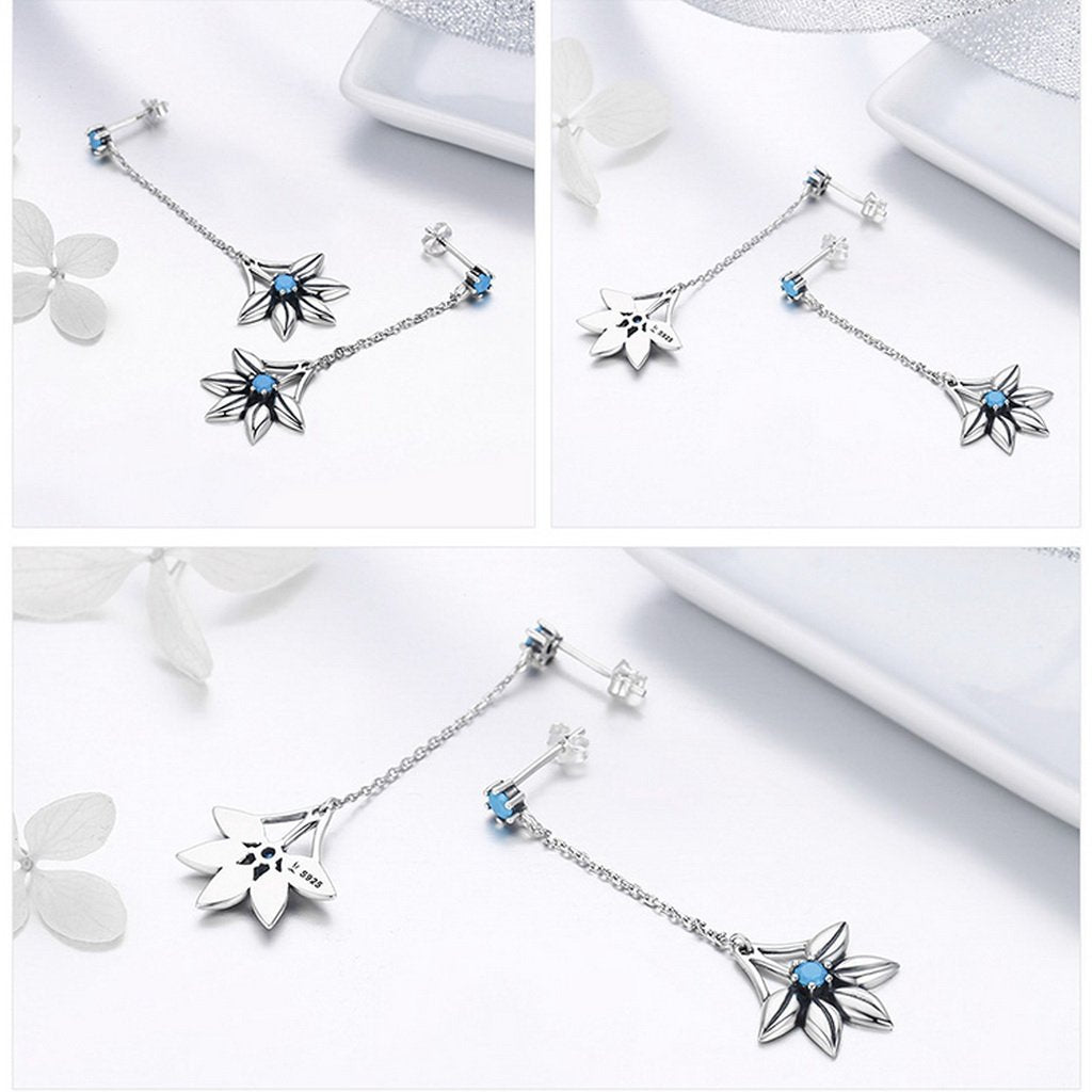 PAHALA 925 Sterling Silver Vintage Flower Blue Crystals Long Tassel Earrings
