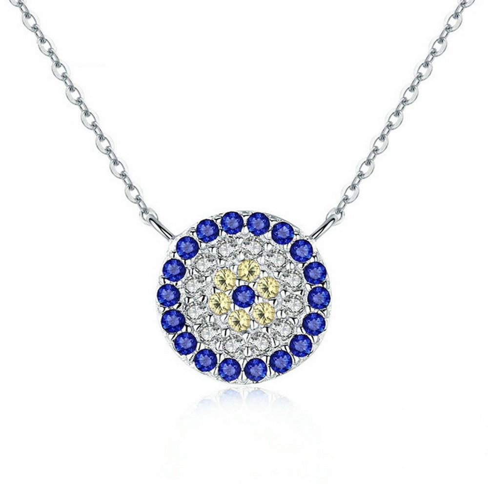 PAHALA 925 Sterling Silver Round Blue Crystals Clear CZ Pendant Necklace