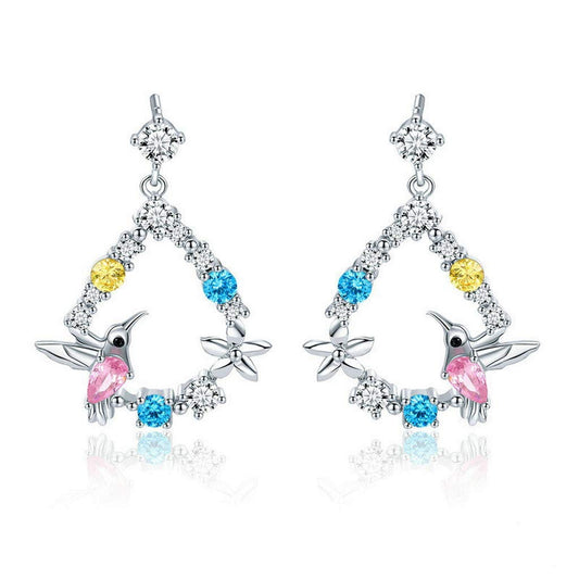 PAHALA 925 Sterling Silver Hummingbird Colorful CrystalS Stud Earrings