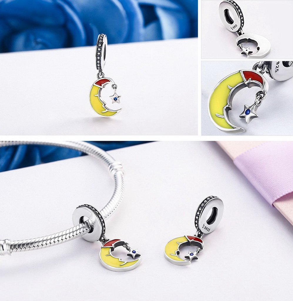 PAHALA 925 Sterling Silver Lovely Moon with Enamel Crystal Charms Beads