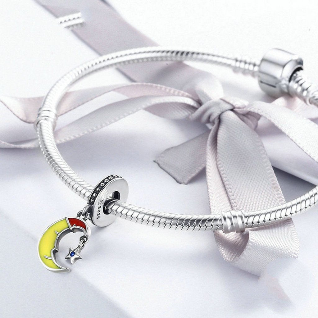 PAHALA 925 Sterling Silver Lovely Moon with Enamel Crystal Charms Beads