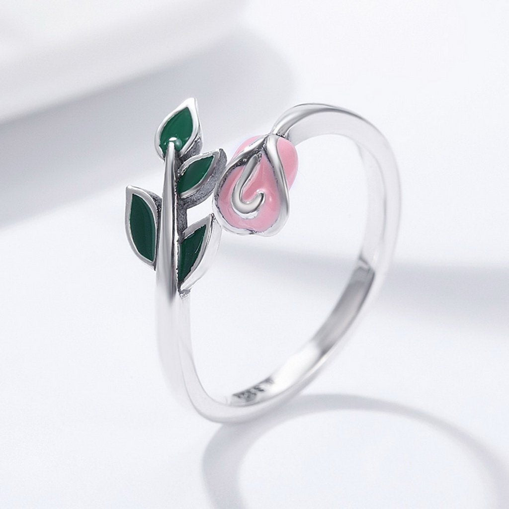 PAHALA 925 Strling Silver Rose Flower Enamel Pink Weeding Party Band Ring