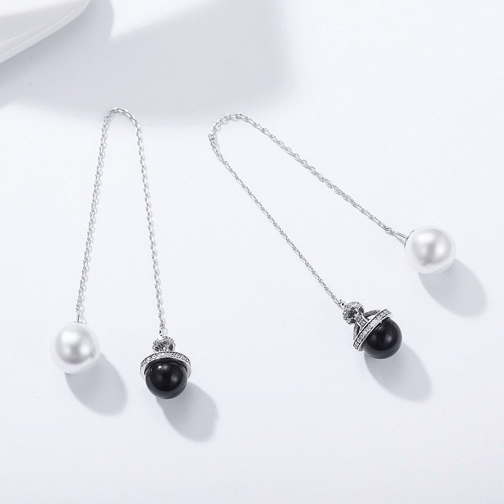 PAHALA 925 Sterling Silver Planet Freshwater Pearl White Black With Crystals Party Wedding Long Drop Earrings