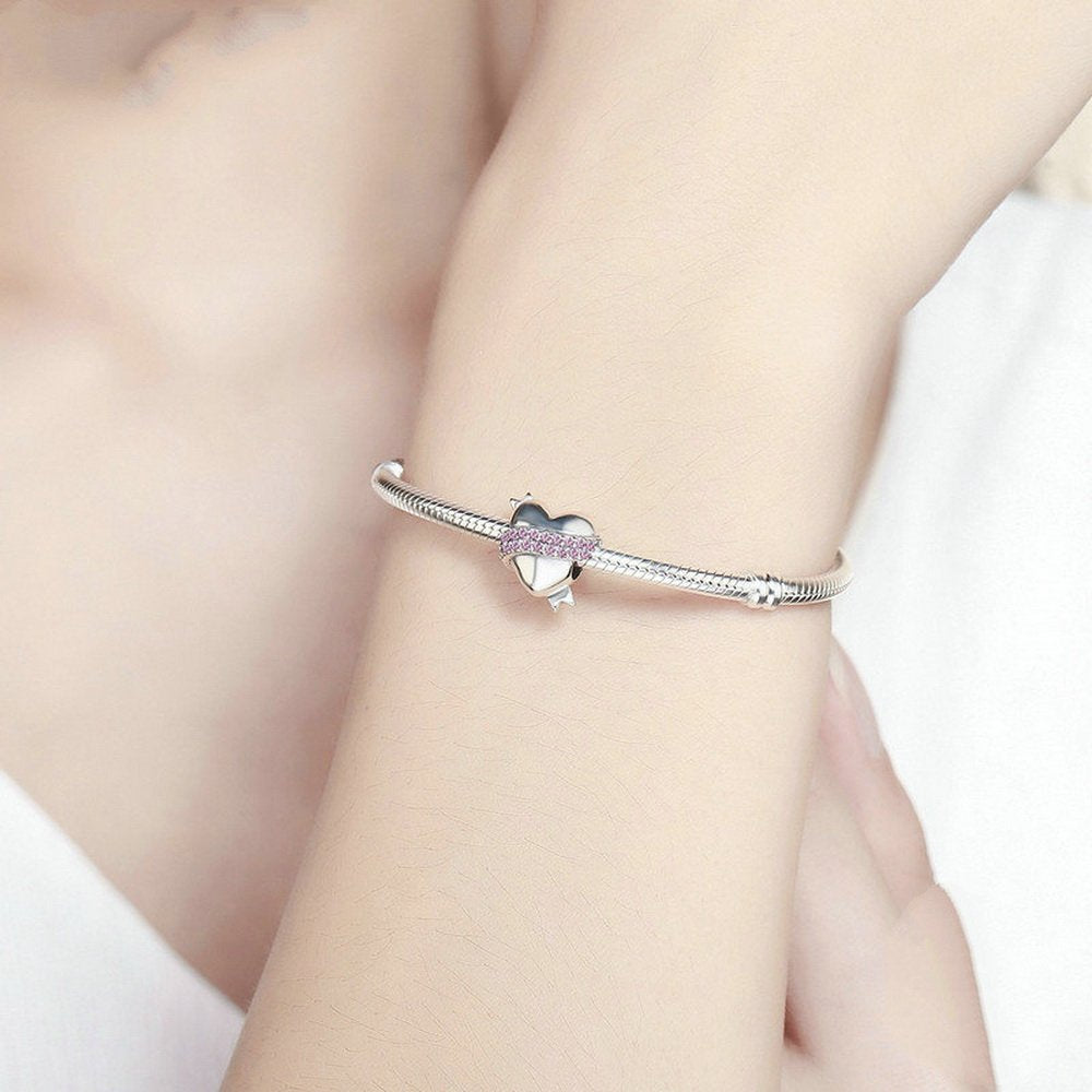 PAHALA 925 Strling Silver Ribbon Hug Heart with Pink Crystals Charms Fit Bracelets Necklace