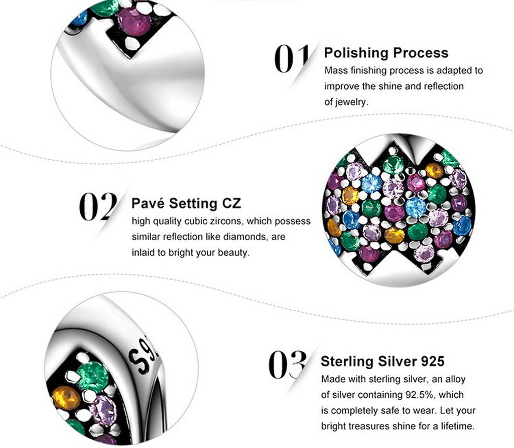PAHALA 925 Sterling Silver Sparking Colourful Crystals Charms Fit Bracelets Necklace