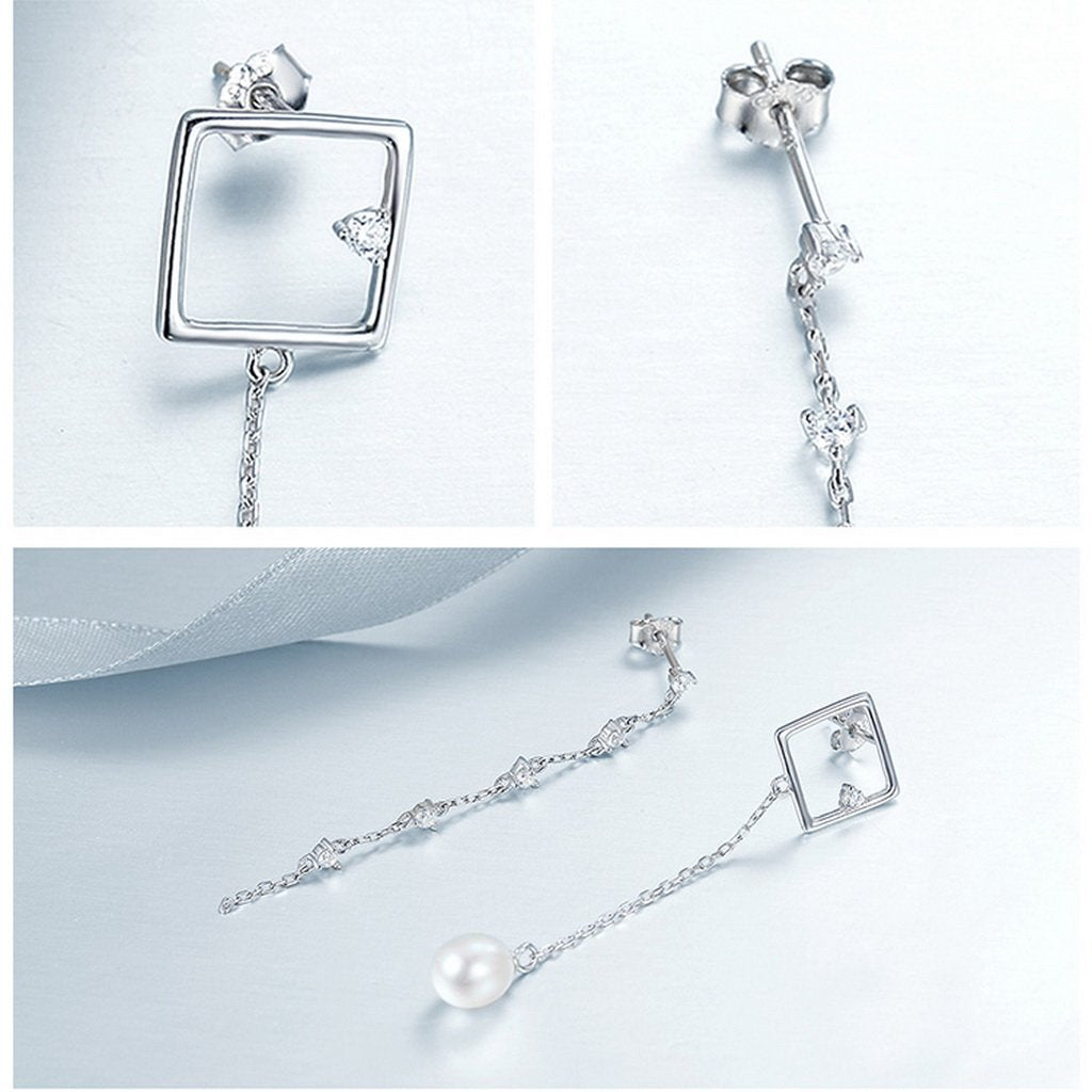 PAHALA 925 Sterling Silver Square Freshwater Pearl With Crystals Party Wedding Drop Earrings