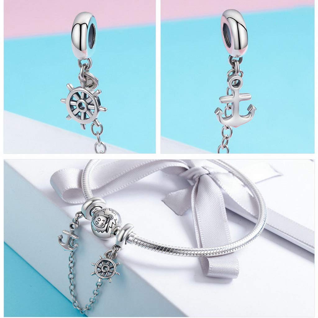 PAHALA 925 Sterling Silver Voyage Anchor Rudder Safety Chain Charm Bead
