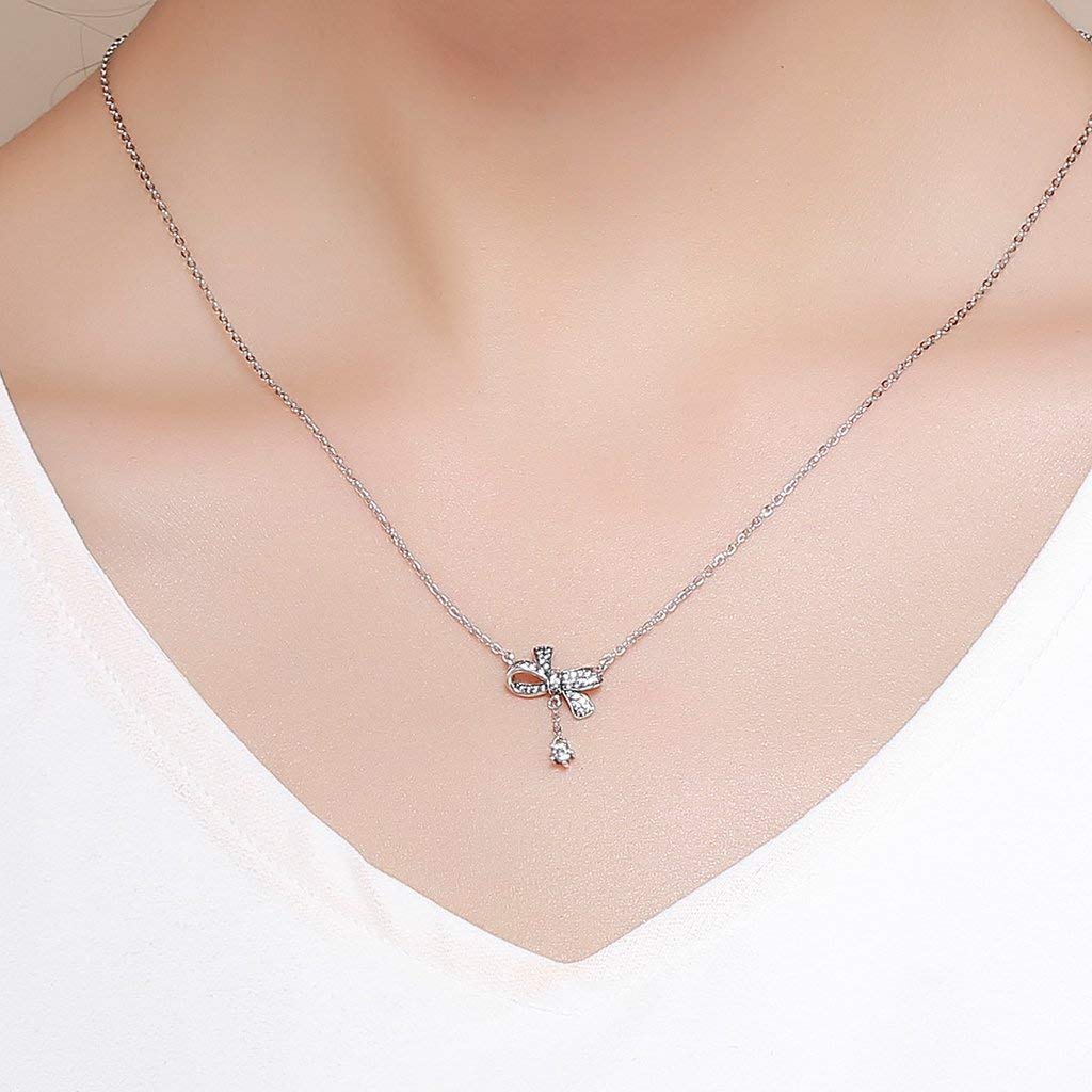 PAHALA 925 Sterling Silver Sweet Bowknot with Crystals Clear CZ Pendant Necklace