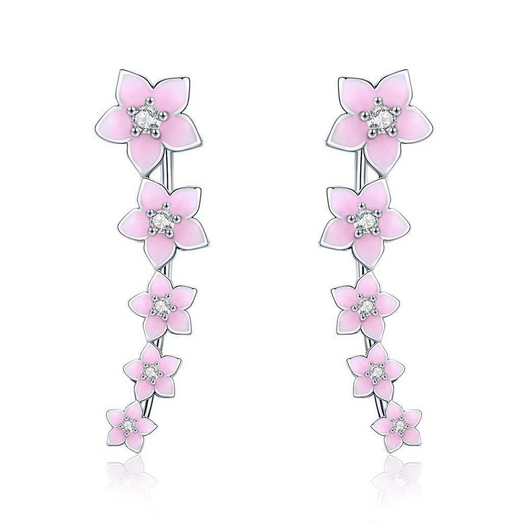 PAHALA 925 Sterling Silver Cherry Flower Pink Enamel Crystal Long Tassel Earrings