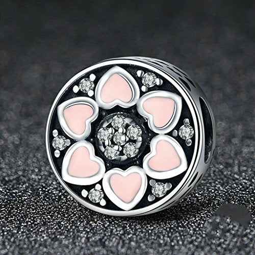 PAHALA 925 Sterling Silver Pink Heart Enamel with Crystals Charms Fit Bracelets Necklace