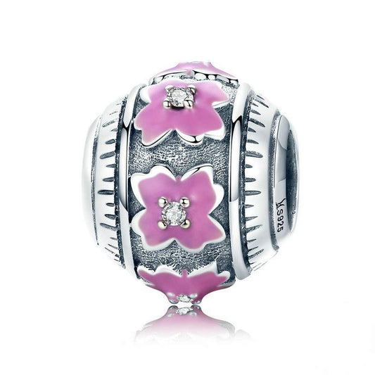 PAHALA 925 Strling Silver Love Clover Flower Pink Enamel Charm Bead