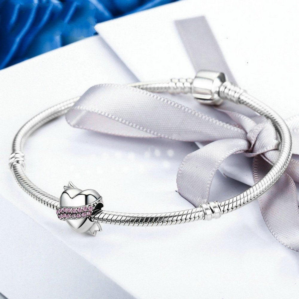 PAHALA 925 Strling Silver Ribbon Hug Heart with Pink Crystals Charms Fit Bracelets Necklace