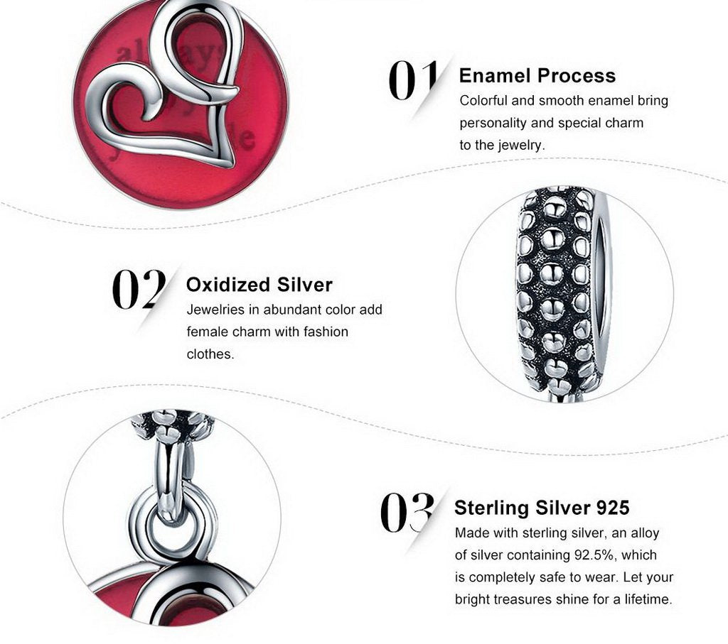 PAHALA 925 Strling Silver with You Red Heart with Crystals Charms Fit Bracelets Necklace