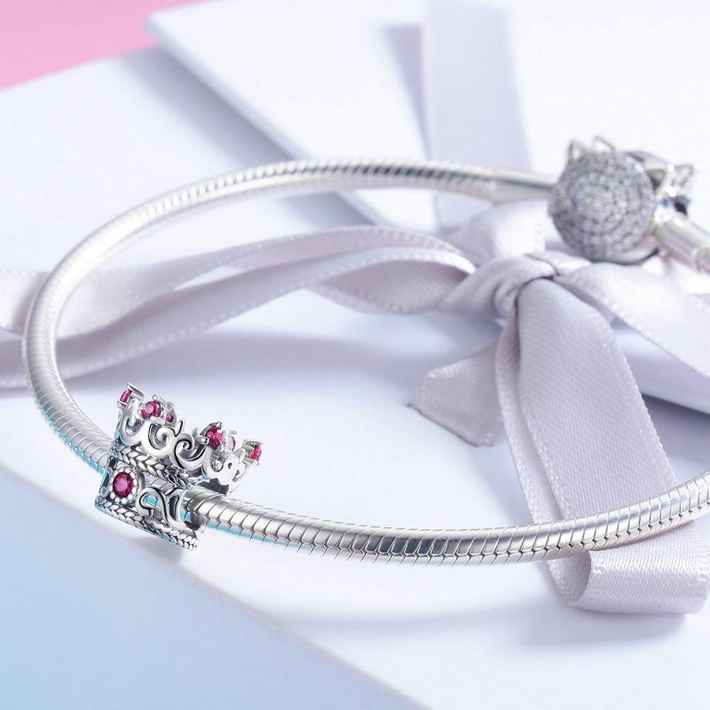 PAHALA 925 Strling Silver Pink Crystals Queen Crown Charm Bead