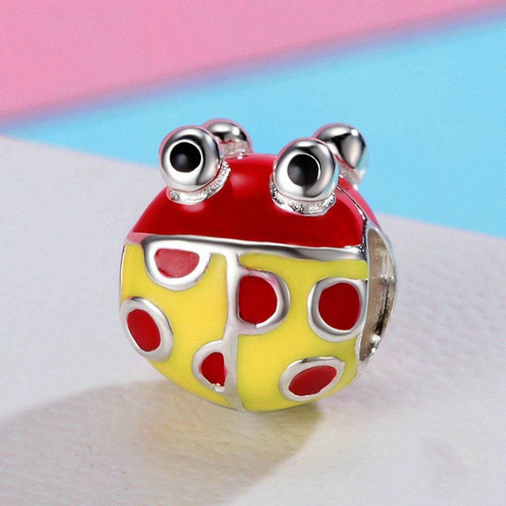 PAHALA 925 Sterling Silver Lovely Ladybug Red Yellow Enamel Charm Bead