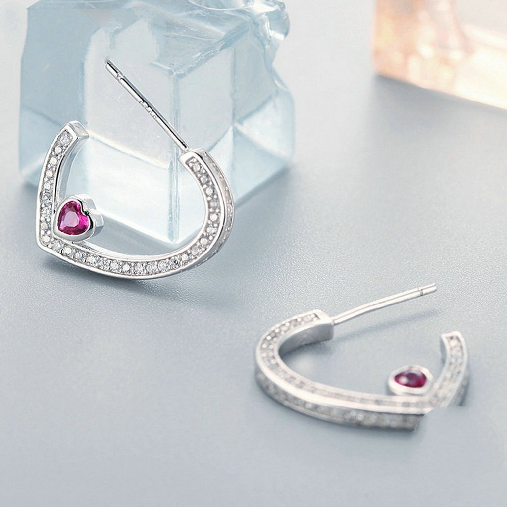 PAHALA 925 Sterling Silver Round With Pink Crystals Heart Party Wedding Stud Earring