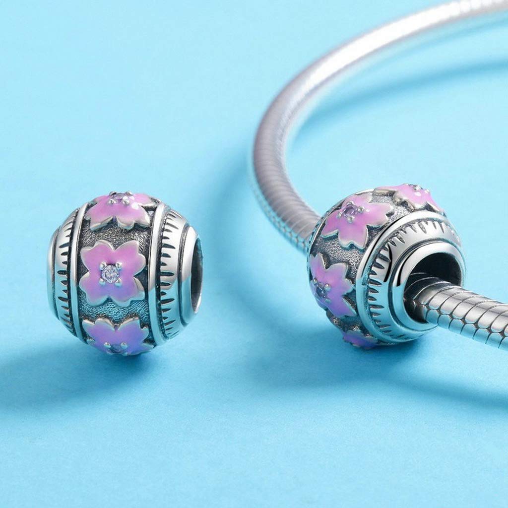 PAHALA 925 Strling Silver Love Clover Flower Pink Enamel Charm Bead