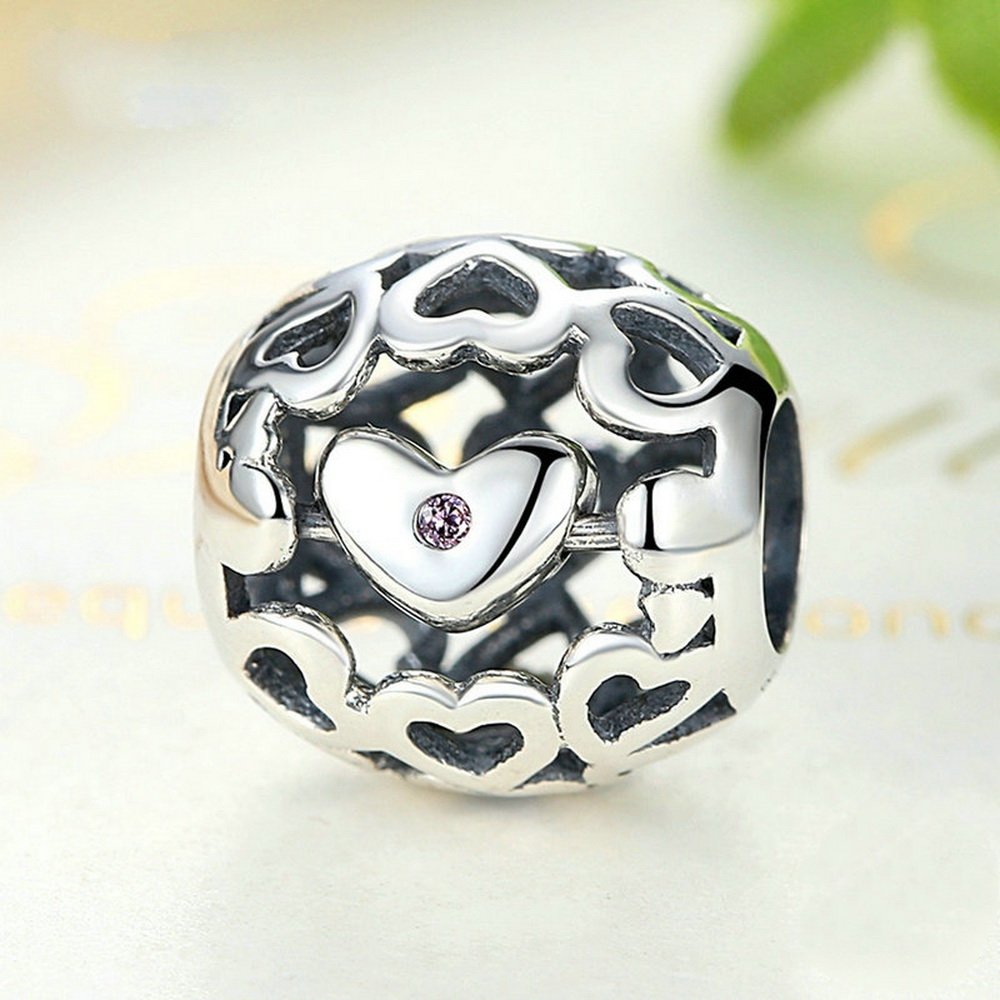 PAHALA 925 Strling Silver Pink Crystals Heart Charms Pendant Fit Bracelets Necklace