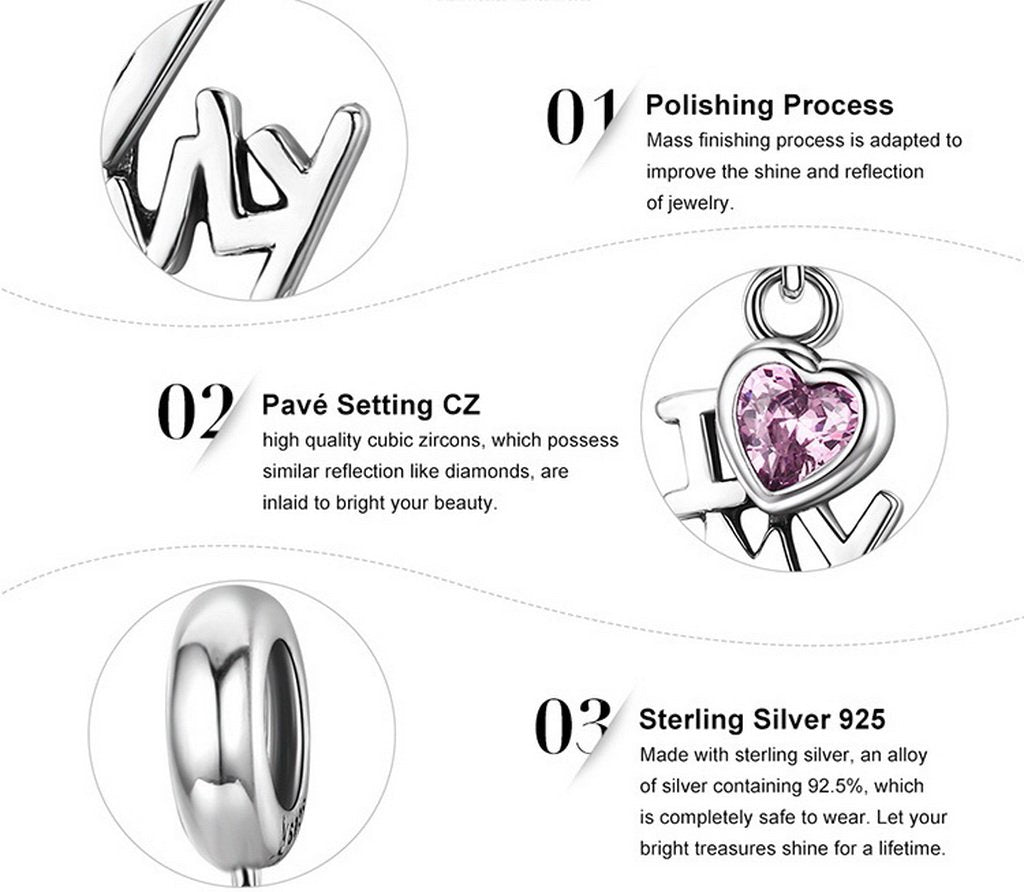 PAHALA 925 Sterling Silver I Love My Family with Pink Crystal Charms Fit Bracelets Necklace