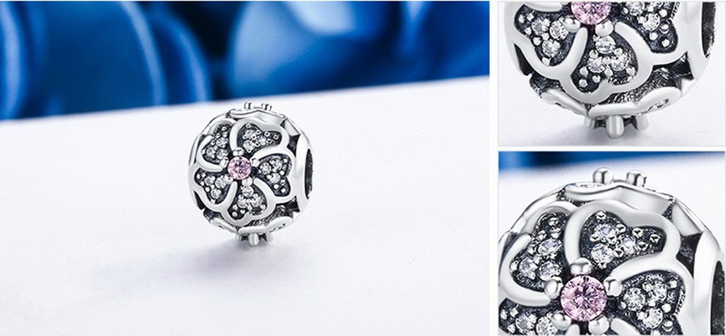 PAHALA 925 Sterling Silver Bouquet Flower of Love with Pink Crystals Charms Fit Bracelets Necklace