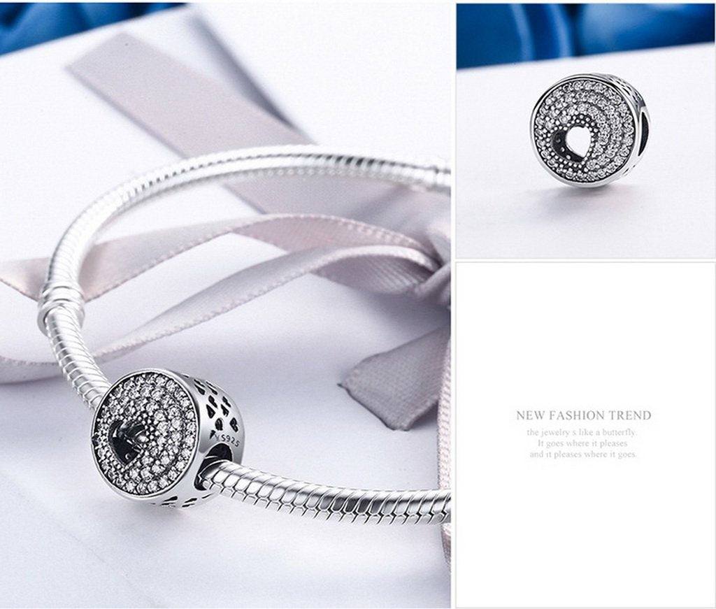 PAHALA 925 Sterling Silver Shimmering Heart Round with Crystals Charms Fit Bracelets Necklace
