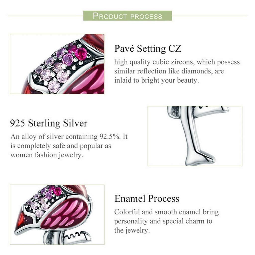 PAHALA 925 Strling Silver Red Flamingo Enamel with Crystals Pendant Charm Bead