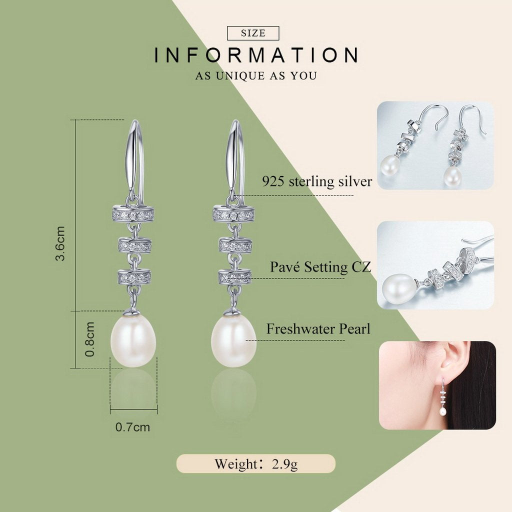 PAHALA 925 Sterling Silver Geometric With Crystals Freshwater Pearl Party Wedding Drop Earrings