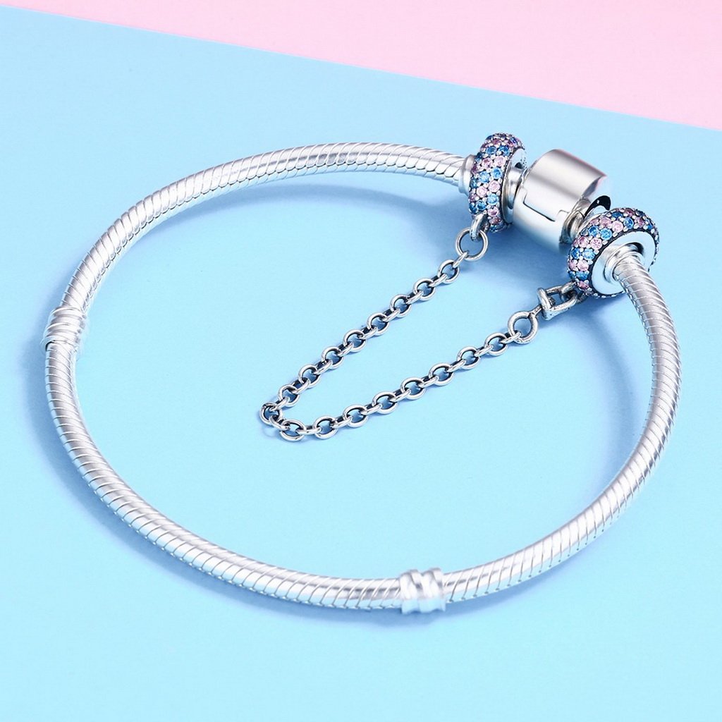 PAHALA 925 Sterling Silver Pink and Blue Round with Crystals Safety Chain Charm Bead