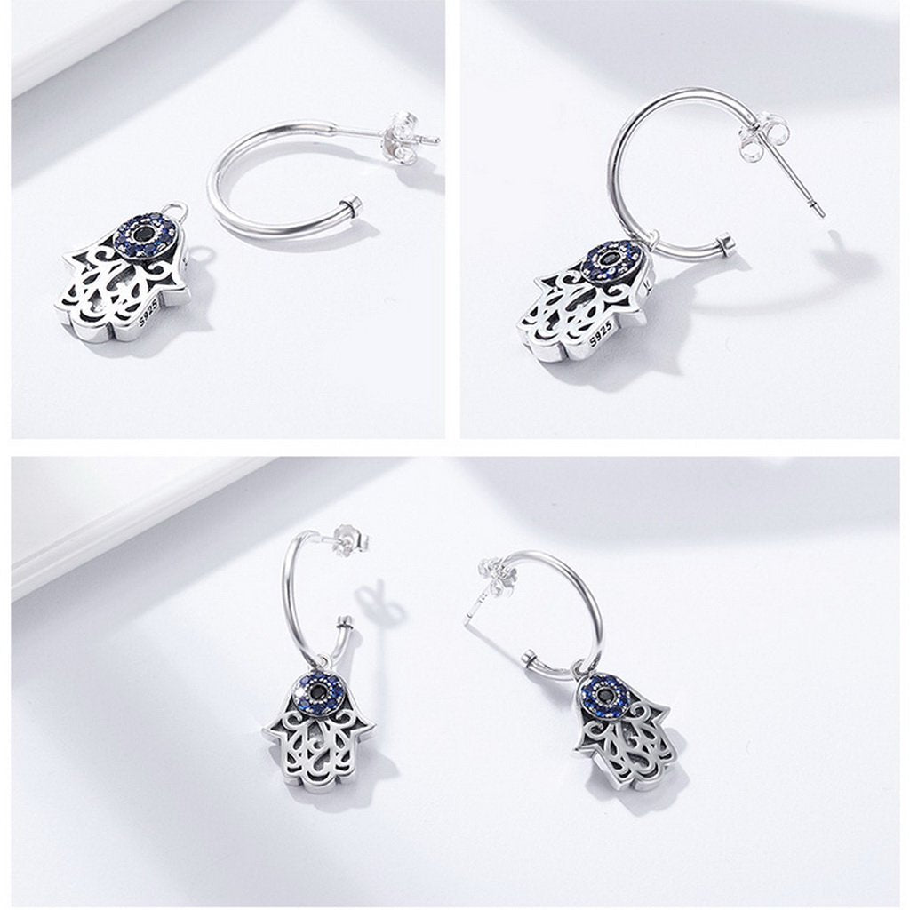 PAHALA 925 Sterling Silver Fantasy Hamsa Hand Blue With Crystals Stud Earrings