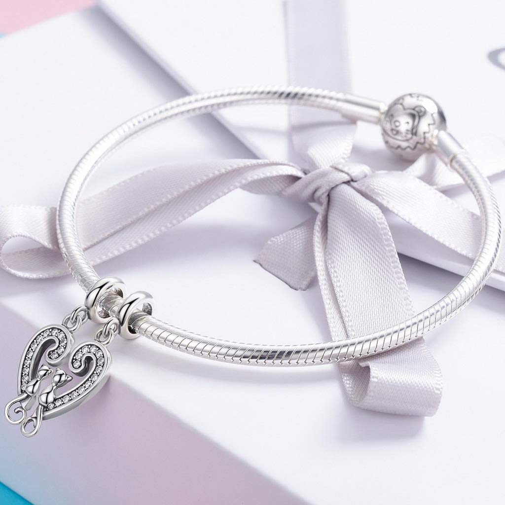 PAHALA 925 Strling Silver Sweet Heart Lovely Cat with Crystals Charms