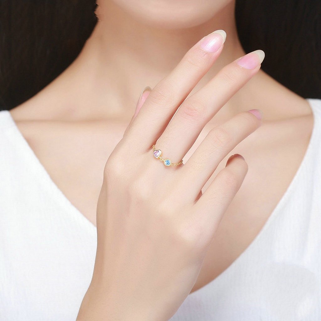 PAHALA 925 Strling Silver Gold Color Heart Crystals Chain Weeding Party Band Ring