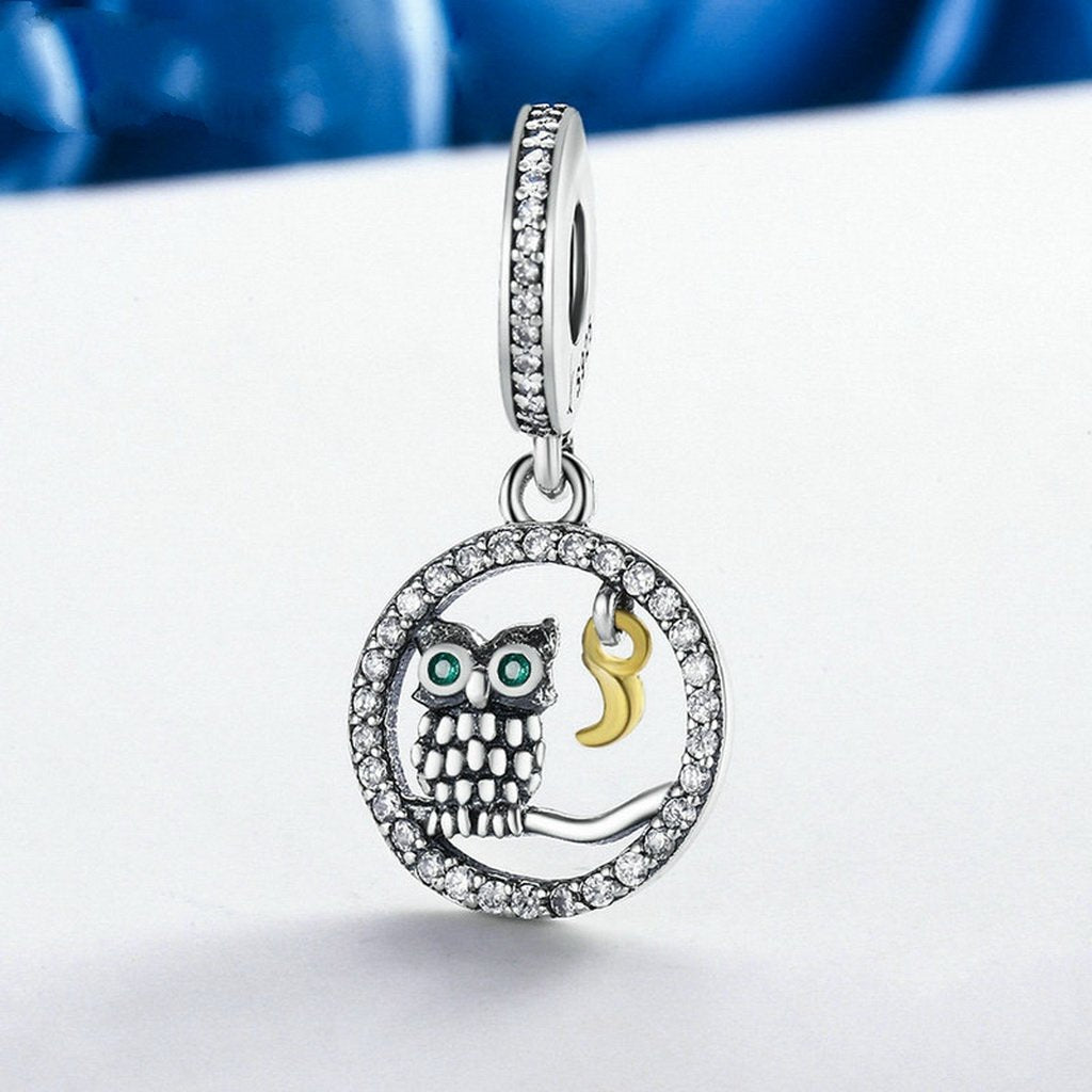 PAHALA 925 Sterling Silver Bird Story Moon with Crystals Charms Fit Bracelets Necklace