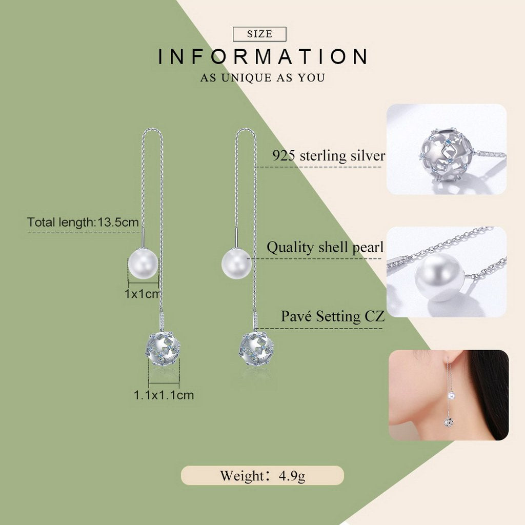 PAHALA 925 Sterling Silver Double Ball Luminous With Crystals Party Wedding Long Drop Earrings