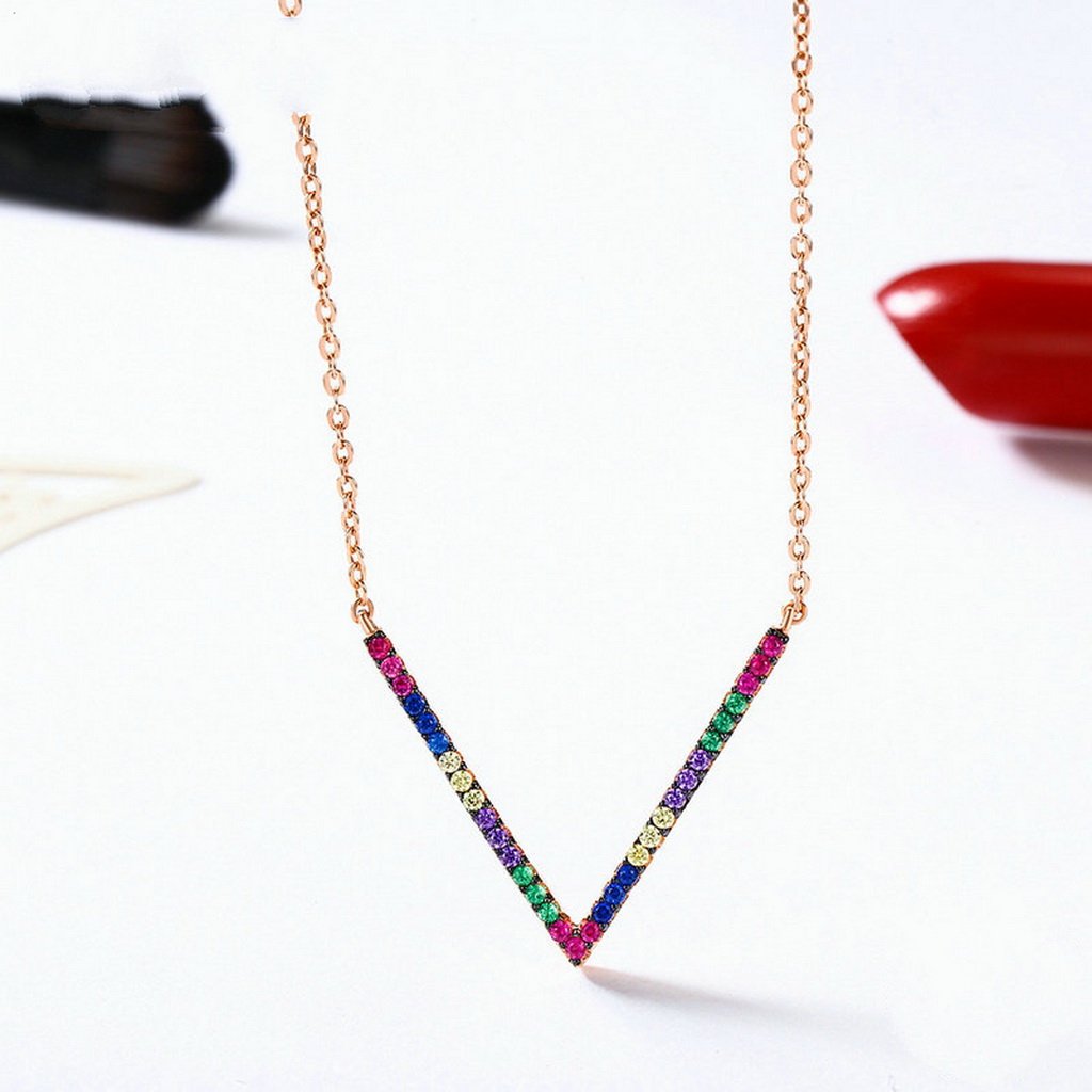 PAHALA 925 Sterling Silver Rose Gold Geometric with Colorful Crystals Pendant Necklace
