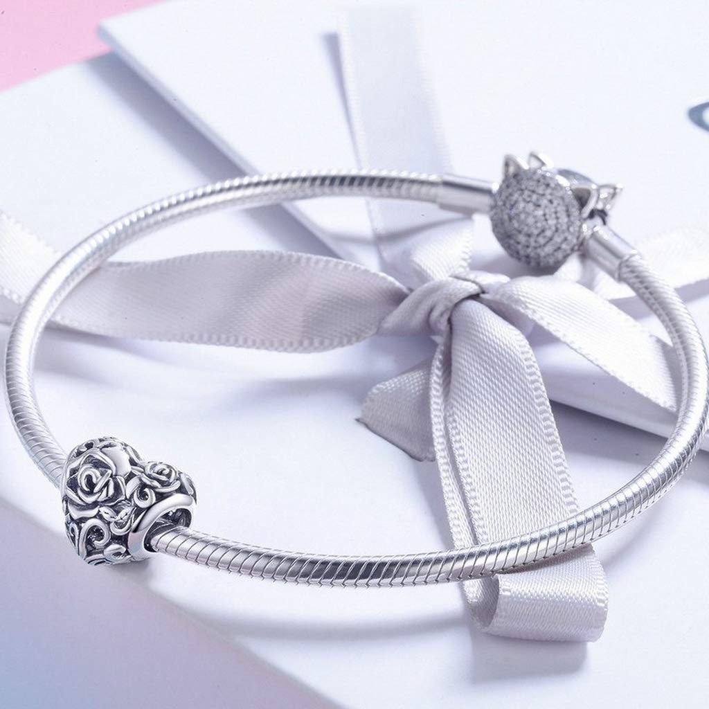PAHALA 925 Strling Silver Rose Flower Engrave Heart Charms Charm